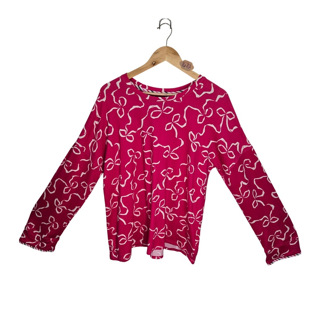 Ellen Tracy Womens Pink White Bow Print Long Sleeve Crew Neck Top Large
